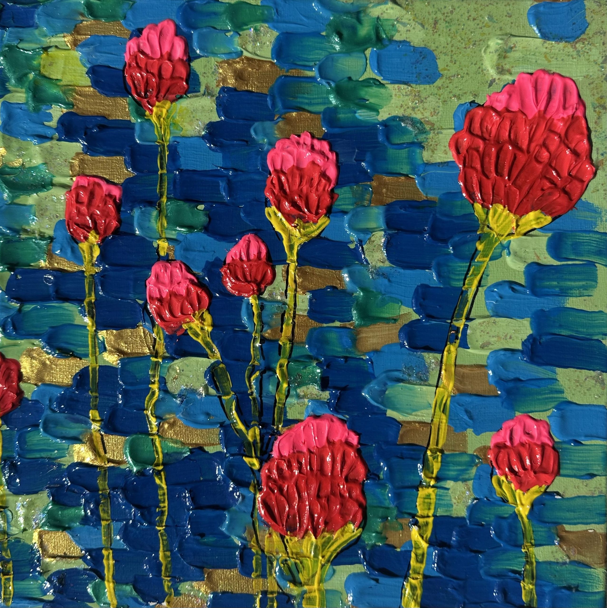 Gomphrena Mosaic
12" x 12"
Sculptural Acrylic, Modeling Paste, Baking Soda, Glitter, and Metallic Accents on Canvas
5.00